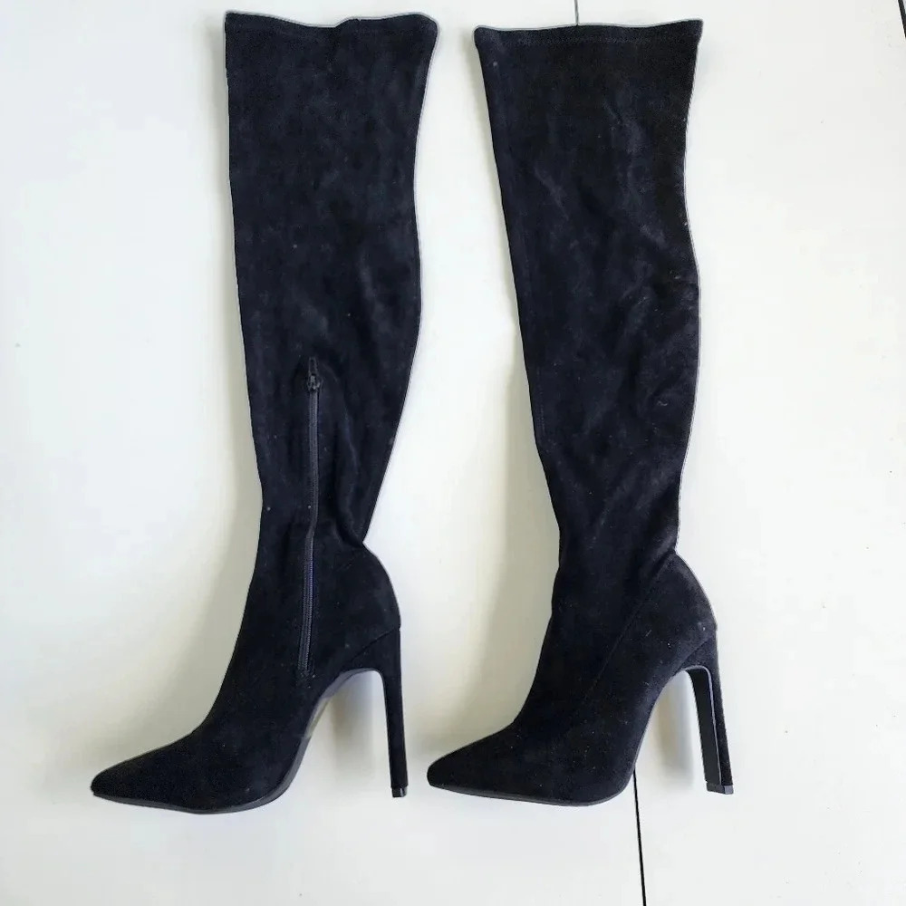 NWT Fashion Nova Size 6 Black Faux Suede Over The Knee High Heel Boots